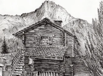 Udsigt fra B&B Zinal Switzerland, 2011, (blæk på papir)